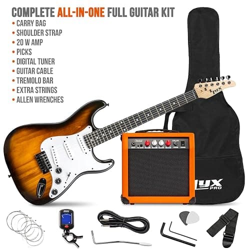 LyxPro Full Size Electric Guitar with 20w Amp, Package Includes All Accessories, Digital Tuner, Strings, Picks, Tremolo Bar, Shoulder Strap, and Case Bag Complete Beginner Starter kit Pack,Sunburst thumbnail 2