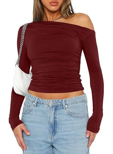 Darong Women's Casual Long Sleeve Boat Neck Off Shoulder Slim Fit Crop Top Going Out Blouses Y2K Tight Shirts - Image 1