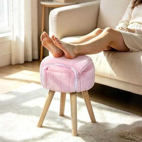 KANEODOT Vanity Stool with Storage & Folding Back,11.8“ D x 12.9” W x 27.9" H Round Faux Fur Cute Vanity Chair with 4 Solid Wood Legs,Comfy Small Makeup Ottoman for Living Room,Bedroom,Closet,Pink thumbnail 6
