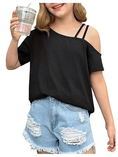 RoseSeek Girl's Y2k Off The Shoulder Tops Loose Summer T Shirt Trendy | Short Sleeve, Cold Shoulder, Trendy Casual Style, Preppy Aesthetic, Size 10-12, Cute Clothes - Image 1
