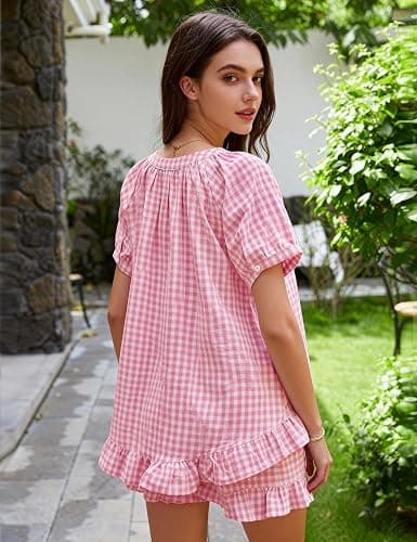PEHMEA 2 Piece Gingham Pajama Sets for Women Summer Outfits 2026 Plaid Babydoll Shirt Ruffle Shorts Lounge Pjs thumbnail 4