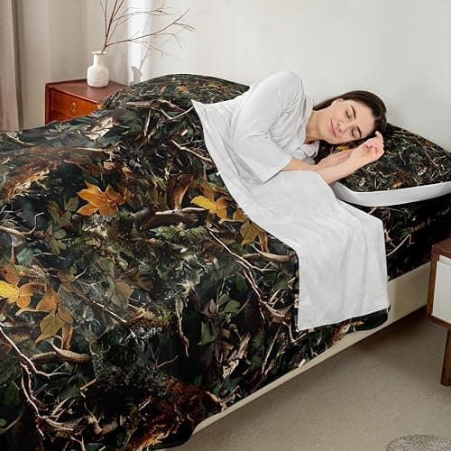 Natural Bed Sheets 4 Pcs Full Size for Room Decor Forest Woods Deep Pocket,1 Fitted Sheet 1 Flat Sheet 2 Pillowcases,Nature Camo Tree Leaves Bedding Set,Green thumbnail 2