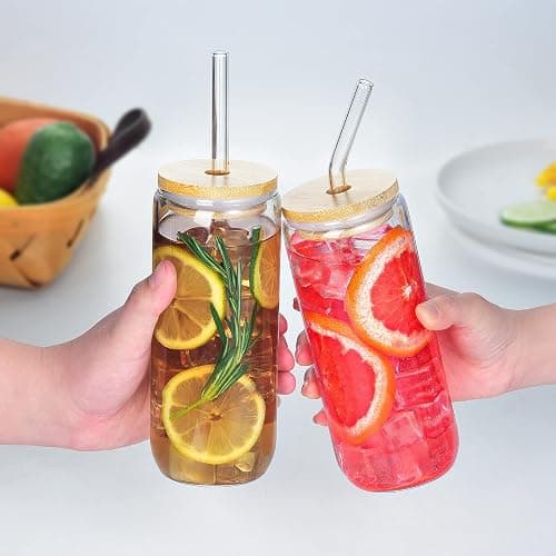 SENTVEND 20 Oz Drinking Glasses with Bamboo Lids and Glass Straw - 6 Pcs Glass Cups Beer Ice Coffee Glasses Cute Aesthetic Cup Great for Coffee Bar Accessories Include 2 Cleaning Brushes thumbnail 4