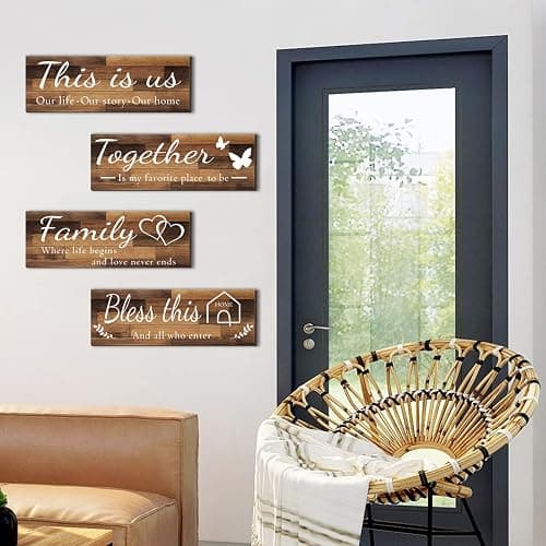 4 Pieces Home Wall Signs, THIS IS US/TOGETHER/BLESS THIS HOME/FAMILY Wall Decor For Living Room Bedroom, Rustic Wooden Farmhouse Wall Art , 4.7 x 13.8 Inch(Brown) thumbnail 7