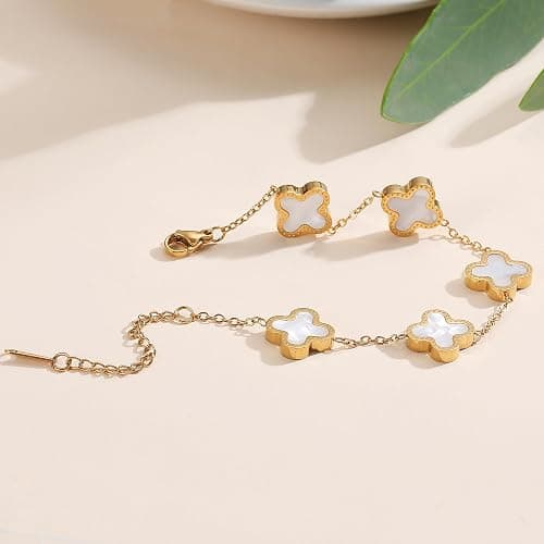 TICVRSS 18K Gold Plated Clover Bracelet Love bangle Set for Women Stack Cute Fashion Simple Friendship Bracelet Lucky Link Bracelets Jewelry Gifts Trendy for Women - (White+Gold)-7in thumbnail 6