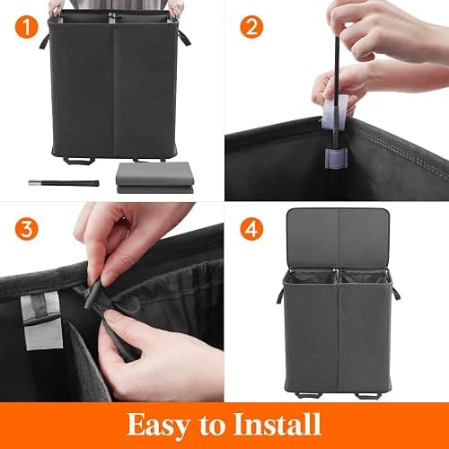 Lifewit Double Laundry Hamper with Lid and Removable Laundry Bags, Large Collapsible 2 Dividers Dirty Clothes Basket with Handles for Bedroom, Laundry Room, Closet, Bathroom, College, 136L Black thumbnail 5