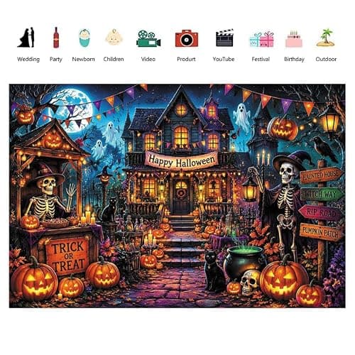 Duluxykl 10x8ft Halloween Spooky Skeleton Ghost Photography Backdrop, Horror Castle Scary Pumpkin Black Cats Background, Fall Halloween Trick or Treat Party Banner Magic Witch Wall Decor Photo Props thumbnail 6