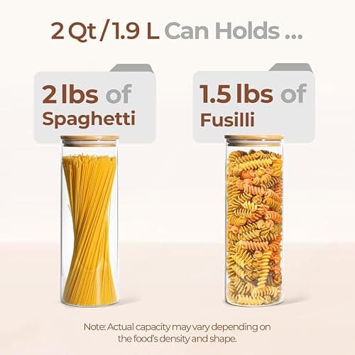 ComSaf Glass Spaghetti Pasta Storage Container with Lids 2 Qt Set of 3, Tall Clear Airtight Food Storage Jar with Wood Cover Kitchen Pantry Storage Container for Noodles Flour Cereal Coffee Beans thumbnail 4