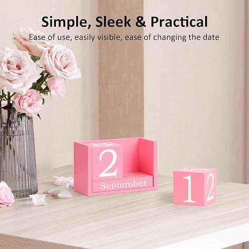 DEERINE Wooden Block Calendar for Desk, Large Size Daily Desktop Perpetual Desk Calendar, Cute Date Display Desk Accessories for Home Office Decor, Teacher, Classroom, Reusable Yearly, Pink thumbnail 5