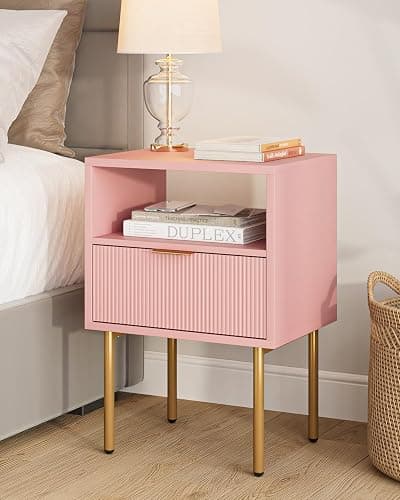 Masupu Night Stand,Mid-Century Modern Bedside Table with Storage Drawer and Open Wood Shelf,Small Gold Frame Side Table for Bedroom,Living Room, Pink - Image 1