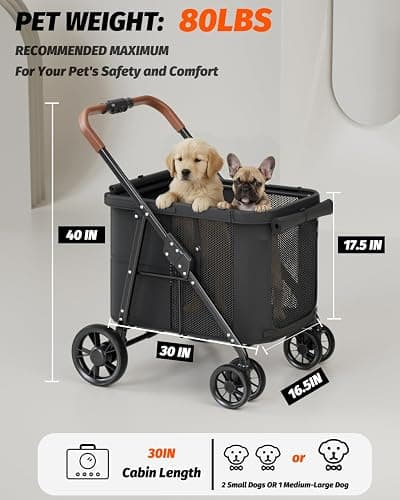 NUGUTIC Dog Stroller for Large & Medium Dogs Up to 80 Lbs, Black | Pet Stroller for 2 Small Dogs, Extra Large Heavy Duty, Folding & Breathable, All-Terrain Wheels thumbnail 2
