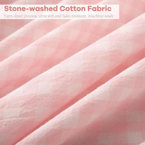 K MASANIJI Peach Blush White Plaid Ruffle Gingham Sheets Twin XL Size 4-Piece Set, 300TC 100% Yarn Dyed Linen Feel Cotton Sheets 18 in Deep Pocket Kids Preppy Bedding (Blush/White Plaid, Twin XL) thumbnail 7