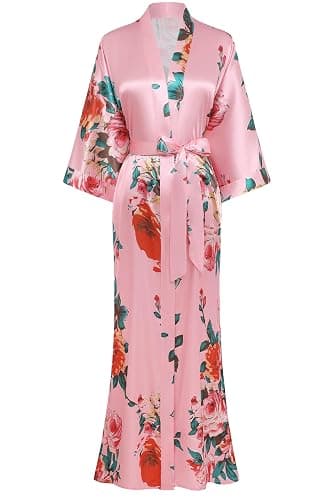 BABEYOND Women's Kimono Robe Long Satin Silky Floral Lightweight Bridesmaid Wedding Bachelorette Party Robe - Image 1