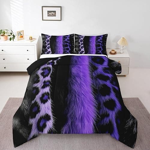 jejeloiu 3D Purple Leopard Bedding Set Queen Size Adult Leopard Comforter Set for Boys Girls Animal Print Duvet Set Wild Animal Fur Quilt Set 3Pcs thumbnail 7