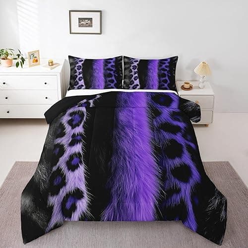 jejeloiu 3D Purple Leopard Bedding Set Queen Size Adult Leopard Comforter Set for Boys Girls Animal Print Duvet Set Wild Animal Fur Quilt Set 3Pcs thumbnail 8