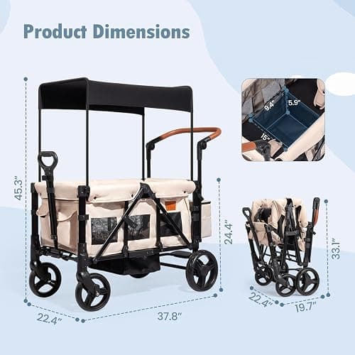 Stroller Wagon for 2 Kids with Footwell, Foldable All-Terrain Wagon Stroller with Adjustable Push/Pull Handle, Parent Organizer, 5-Point Harness, Ideal for Travel & Outdoor Adventures (Clasic Oat) thumbnail 3