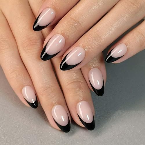SHANGMENG Black French Tip Press on Nails Almond - Soft Gel Short Press on Nails for Women Gift, Fit Perfectly & Natural Reusable Stick on Nails in 16 Sizes - 32 Fake Nails with Glue, French Black thumbnail 8