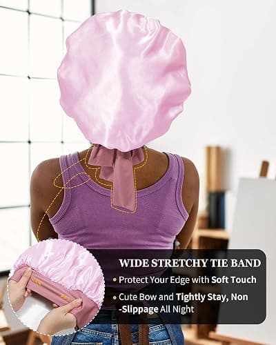 Satin Bonnet for Women Silk Bonnets for Sleeping Curly Hair Bonnet with Elastic Tie Band Reversible Double Layer Sleep Cap Hair Wrap (Bean Paste + Pink) thumbnail 5