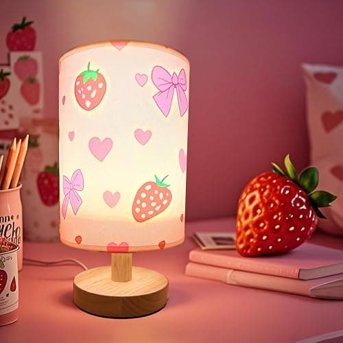Strawberry Lamp, Strawberry Room Decor for Girls,3 Color Changing LED Night Light with 9 Brightness Levels Wood Nightstand Desk Base Flaxen Fabric Shade for Bedroom Living Room (Pink Strawberry) - Image 1