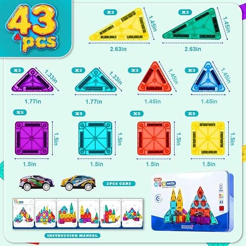 RiteHold Magnetic Tiles for Kids Mini Magnet Tiles Building Set 43PCS Toddlers Magnetiles Travel Toys with Case & 2 Cars Basic STEM Magnets Construction Tile Toy Ages 3-8 Boys Girls thumbnail 3