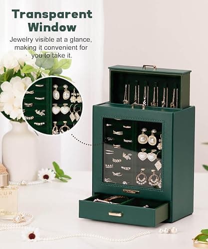 Homde Jewelry Organizer Girls Women Jewelry Box for Necklaces Rings Earrings Christmas Gift Bracelets Storage Case (Forest Green + Gold) thumbnail 5