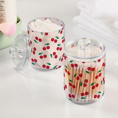 Bulletgxll Apothecary Jar with Lids 2 Pack Cute Cherry Fruit Qtip Holder Clear Plastic Containers Bathroom Vanity Countertop Organizer for Cotton Swabs, Cosmetic Pads, Sponges, Flossers thumbnail 2