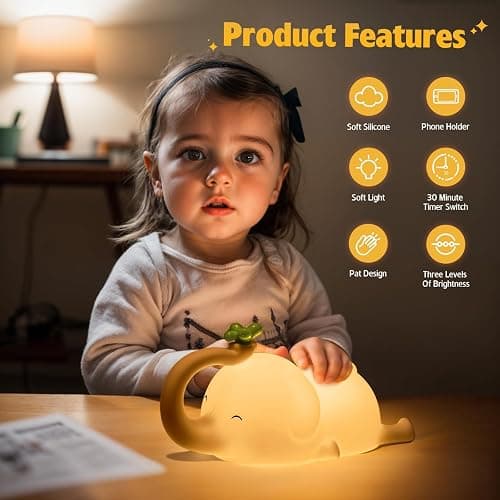MAGOHMT Silicone Elephant Night Light for Kids - 3-Level Dimmable & Rechargeable LED Lamp, Touch Control Soft Animal Light for Nursery, Baby Room Decor thumbnail 5