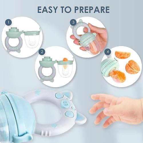 Bluet B- Baby Fruit Feeder Pacifier - BPA-Free Silicone Baby Food Feeder for Self-Feeding - Teething Relief - 4+ Months, 6 Silicone Nipples - 2 Pack Fresh Fruit Pacifier Frozen Teether - Blue & Green - Blue thumbnail 5