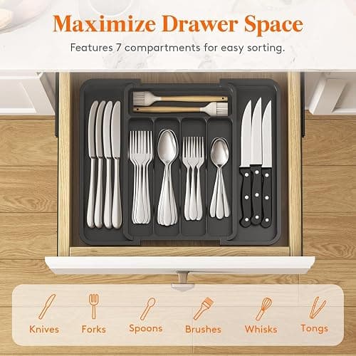 Lifewit Cutlery Organizer, Expandable Utensil Organizer for Kitchen, Utensil Holder, Adjustable Cutlery Tray Drawer Organizer for Spoons, Knives, Kitchen Organizers and Storage, Black thumbnail 5