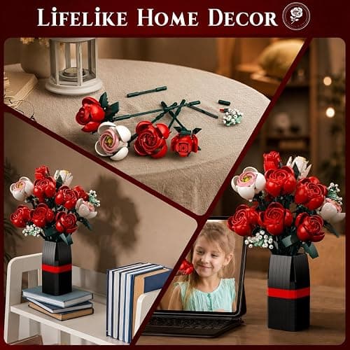 MONOFUN Flower Bouquet Building Set with Vase, 841Pcs DIY Roses Block Kit for Kids Adults, Creative Home Office Decoration, Valentine’s Day Birthday thumbnail 6