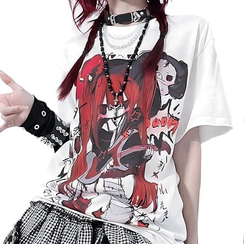 RILGOU Kawaii Goth Fashion Harajuku Y2K Casual Style Soft Crewneck Cute Cartoon Print Red Hair Guitar Girl T-Shirt - Image 1