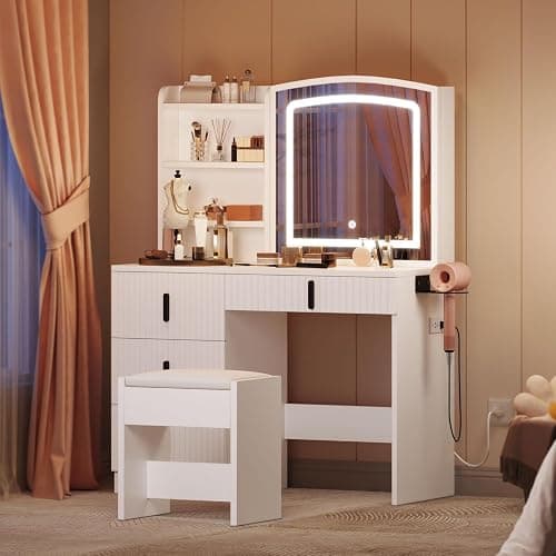 YITAHOME Fluted Vanity Desk with Mirror and Light, Big Vanity Set with Power Outlet, Hidden Jewelry Storage, Makeup Desk with 4 Drawers, Dressing Table with Soft Stool, 3 Lighting Color Modes, White thumbnail 4