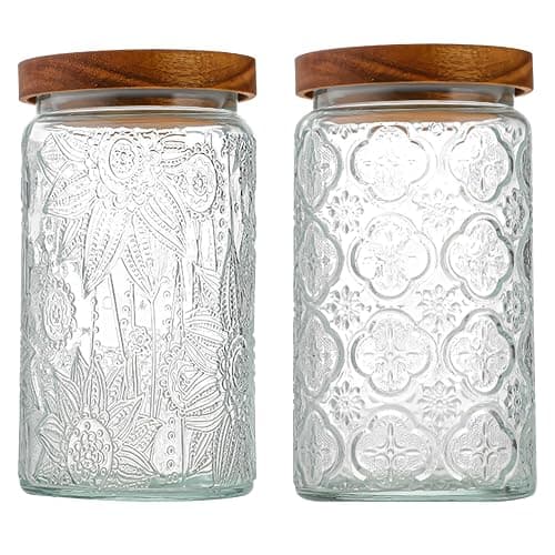 34 OZ/2 PCS Glass Storage Jar with Airtight Bamboo Wooden Lids, Vintage Food Containers Canisters Sets for Kitchen Counter Pantry, Sugar, Flour, Candy, Tea, Coffee Beans, Oats, Grain Bin, Pasta, - Image 1