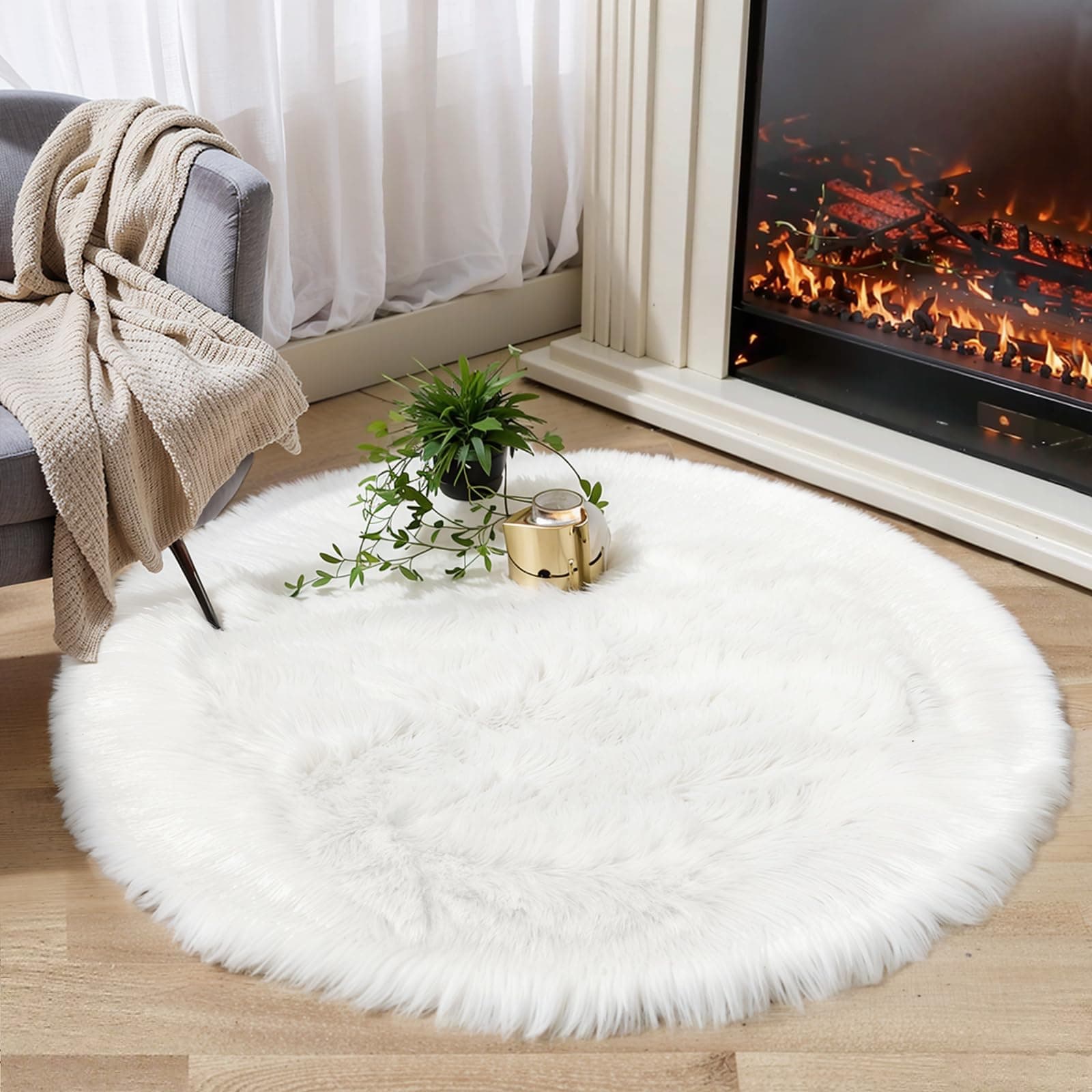 White Fluffy Rug Round Fur Area Rug for Bedroom, Circle Faux Fur Rug for Kids Room, Cute Teepee Mat Fuzzy Nursery Rug, Shaggy Circular Rugs Floor Carpets for Teens Girls Rooms Home Decor, 4 x 4 Feet - Image 1