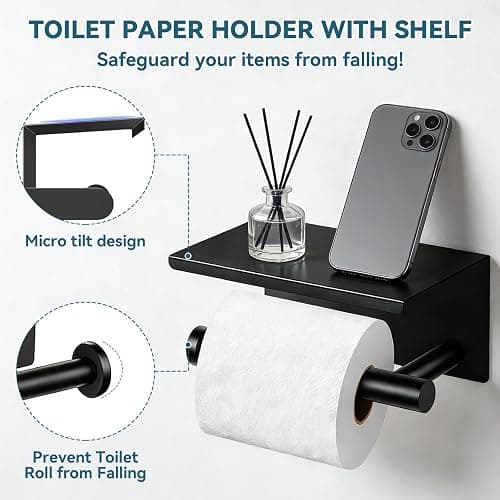 5-Piece Matte Black Bathroom Accessories Set, 24-Inch Wall-Mounted Towel Bar, Toilet Paper Holder with Shelf, SUS 304 Stainless Steel Bath Hardware, Towel Rack for Bathroom, Kitchen, Laundry Room thumbnail 6