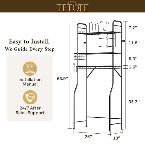 TETOTE Over The Toilet Storage Rack, 3-Tier Bathroom Organizer Shelf Over Toilet with Toilet Paper Roll Holder, Freestanding Metal Rack, Black thumbnail 2