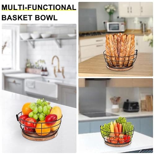 Livabber Countertop Fruit Basket Bowl with Banana Hanger, Modern Standing Fruit Vegetable Bowl Storage, with Banana Tree Holder for Kitchen Dinning Table (Round Wood, Black) thumbnail 7