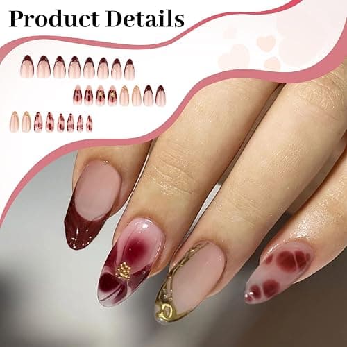 LunarCharm 24 Stück rote French-Tip-Aufdrücknägel, kurze mandelförmige Kunstnägel mit 3D-Goldstreifen-Perlendesign, Blumen-Kunstnägel, Acryl-Nagelspitzen zum Aufkleben thumbnail 3