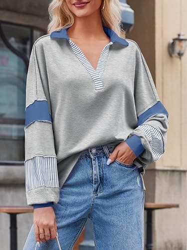 Fisoew Womens Color Block Oversized Sweatshirt Polo V Neck Long Sleeve Shirts Casual Loose Pullover Tops thumbnail 4