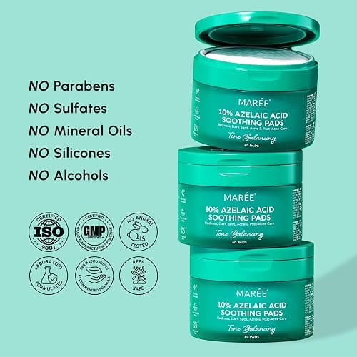 MAREE Azelaic Acid Acne Clearing Pads – Exfoliating Pads with Glycolic & Hyaluronic Acid for Face – 10% Azalecic Acid & Centella Redness Soothing Pad – Zero Pore Facial Toner Pad – Acido Azelaico thumbnail 8