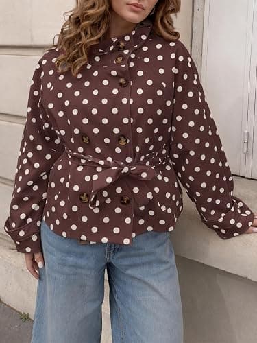 Tankaneo Womens Polka Dot Cropped Trench Coats Trendy Casual Short Jackets | Vintage, Street, Travel, Brunch, City Walk, Coffee, Weekend, Fall, Spring, Lightweight, Waist Belt, Oversized thumbnail 5