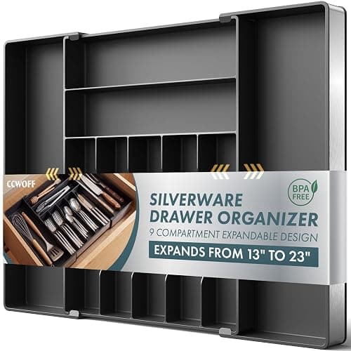 Silverware Drawer Organizer, 9 Slots Expandable Kitchen Drawer Organizer | Extra Large Utensil Holder & Cutlery Tray, Heavy Duty Stainless Steel Frame Flatware Organizer, Non-Slip Feet Included, Black - Image 1
