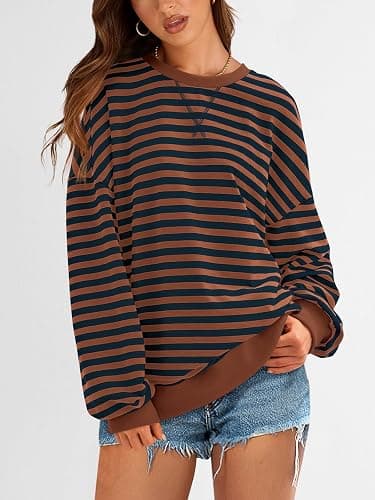 PRETTYGARDEN Womens Striped Oversized Sweatshirt Color Block Crew Neck Long Sleeve Casual Loose Pullover Top Y2K Clothes thumbnail 4