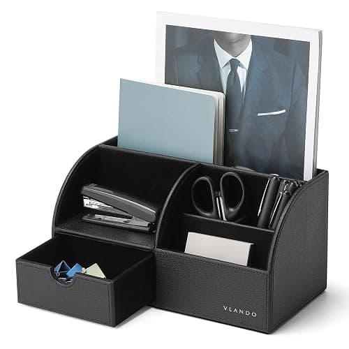 Vlando Desk Organiser with Drawer, Leather Office Stationery Desk Organiser, Multifunctional Desk Pen Organiser, Remote Control Holder, Black - Image 1