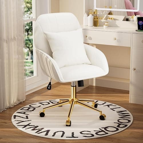 Home Office Desk Chair Comfy with Adjustable Swivel Wheels, Modern Velvet Makeup Vanity Chair with Back & Pillow, Ergonomic Office Chair Computer Task Chair for Living Room, Bedroom, White thumbnail 7