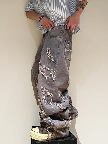 DFGIGT Men's Baggy Jeans Patchwork Embroidery Jeans Fringe Frayed Edges Wide Leg Denim Pants thumbnail 3