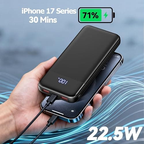 Portable Charger, 10000mAh Slim Power Bank Portable Phone Charger 22.5W PD QC Fast Charging with 3 Outputs 2 Inputs Battery Pack Compatible with iPhones Samsung Google Pixel LG Moto More Devices,Black thumbnail 2