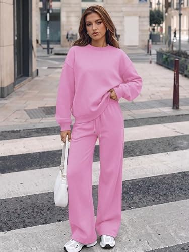 Trendy Queen Womens 2 Piece Sweatsuit Fall Sweat Outfits Lounge Sets 2026 | Soft Fleece Interior, Chic Drop Shoulder, Travel Fashion Matching, Wide Leg Draping, Elastic Waistband, Deep Side Pockets thumbnail 2