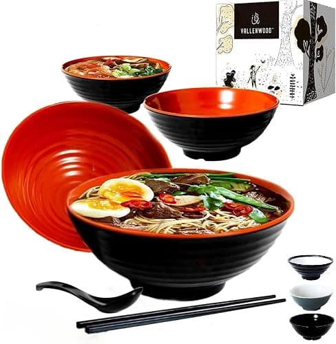 4 Ramen Bowls, 12 pieces Pho set. Red Black Ramen Bowl Set. Unbreakable Melamine. Asian Japanese soup. Spoons And Chopsticks kit. . XL 37 oz. Noodles, Rice, Udon, Thai, Chinese, Korean, Wonton, Miso - Image 1
