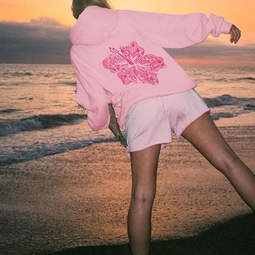 Lubpow Womens Cute Pink Flower Hoodie Aesthetic Preppy Hawaiian Hibiscus Sweatshirt Casual Puff Graphic Hoodies Pullover Tops thumbnail 5